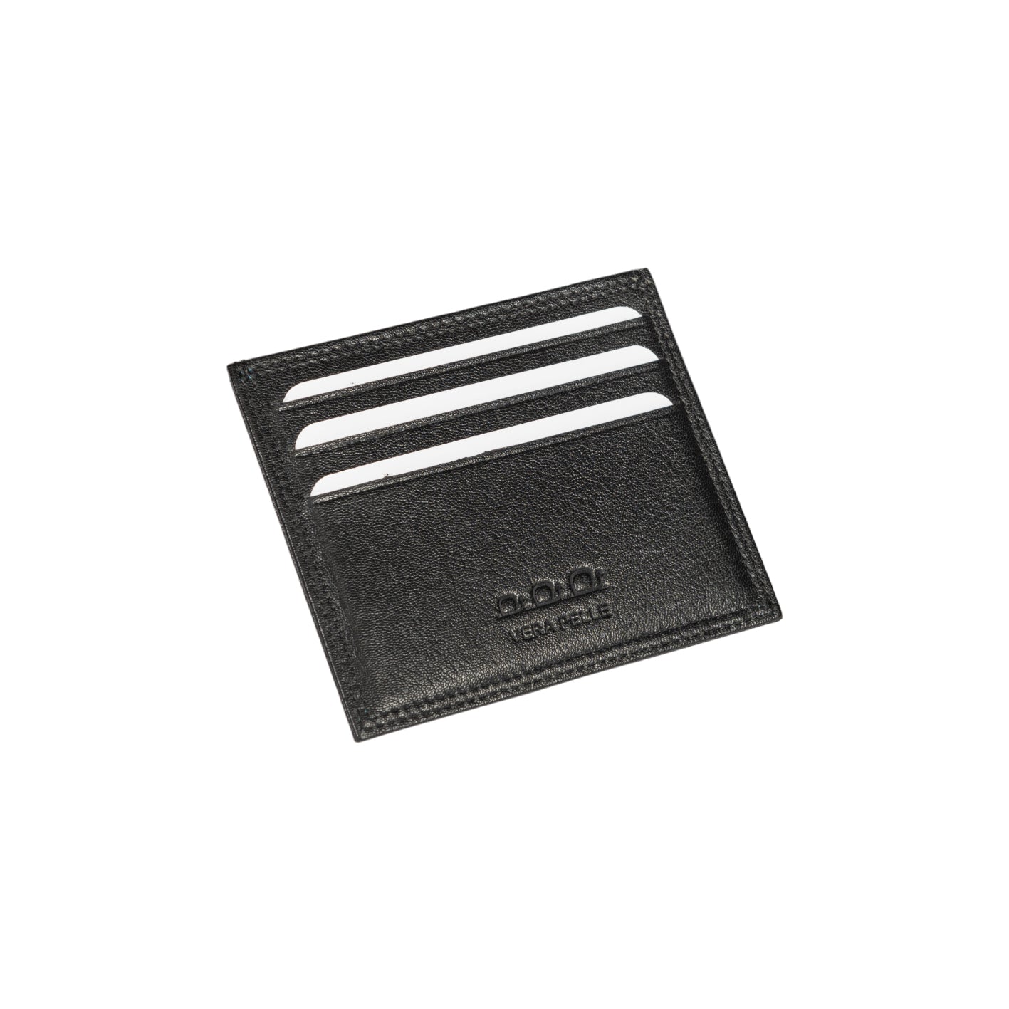 K10216AB | Credit Card Holder in Genuine Full Grain Leather, with light grain. Black colour. Large central pocket. Dimensions: 9.8 x 8 x 0.5 cm. Packaging: Rigid bottom/lid gift box