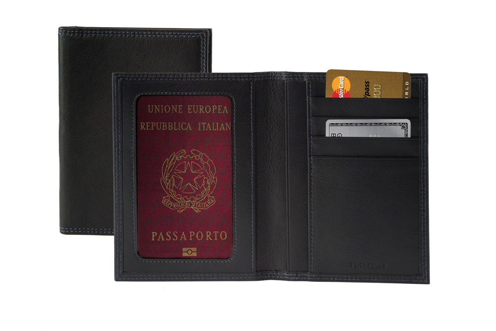 K10122AB | Porta Documenti + Passaporto in Vera Pelle pieno fiore, grana dollaro/liscia. Colore Nero. Dimensioni da chiuso: cm 10 x 14 x 1 - Confezione: Gift Box rigido fondo/coperchio