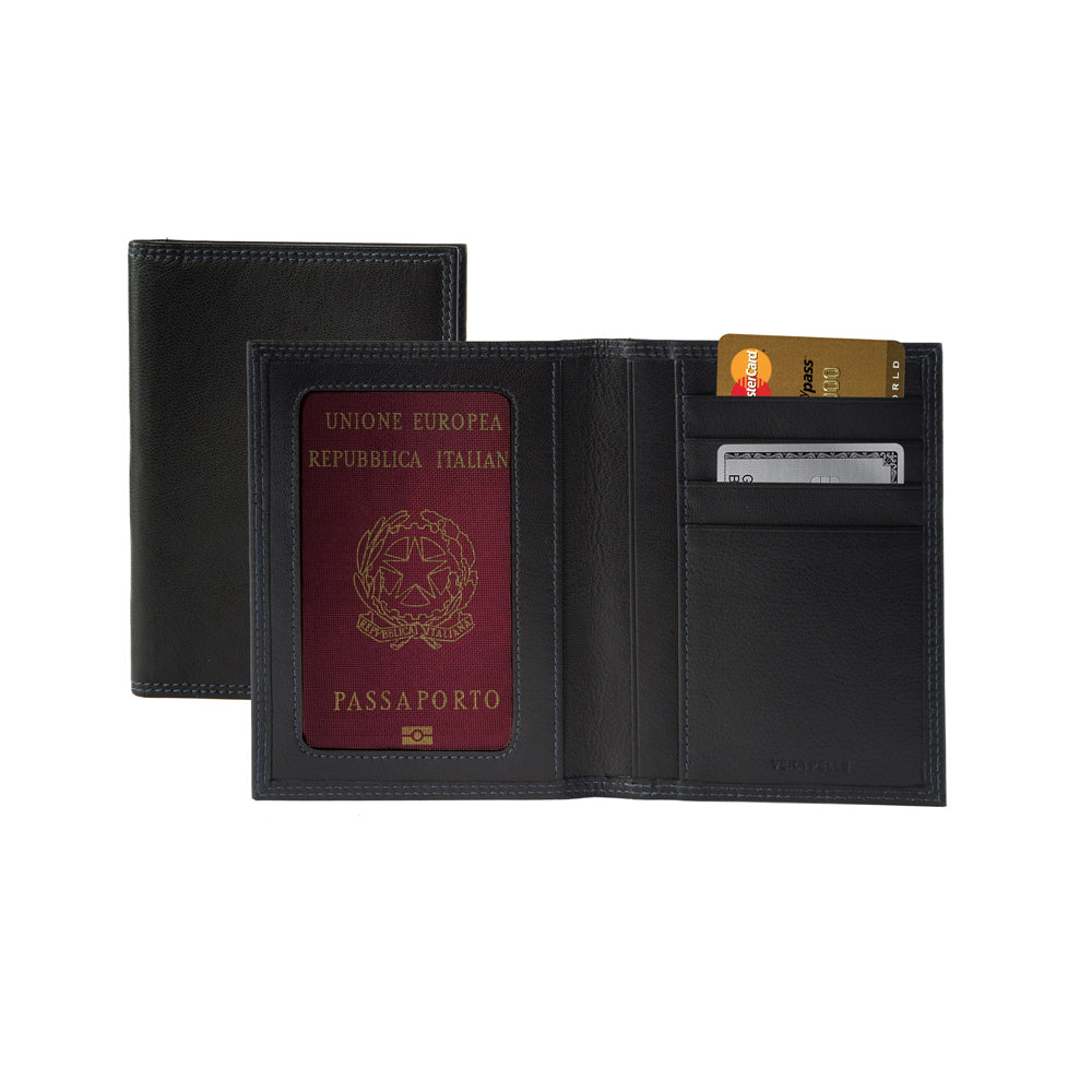 K10222AB | Document + Passport Holder in Genuine Full Grain Leather, with light grain. Black colour. Dimensions when closed: 10 x 14 x 1 cm - Packaging: Rigid bottom/lid gift box