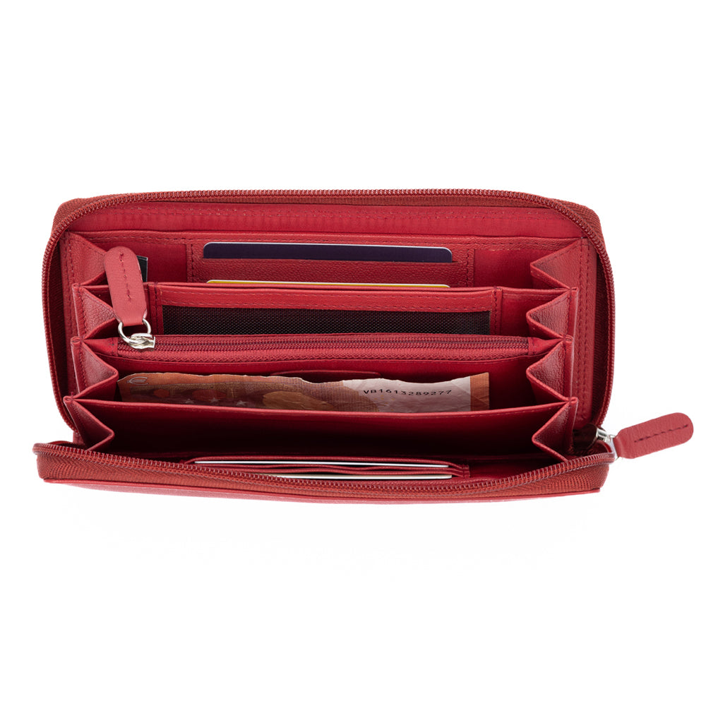 K10238VB | Women's wallet in genuine full-grain leather, with light grain. Red. Dimensions when closed: 18.5 x 10 x 2.5 cm. Packaging: Rigid bottom/lid gift box