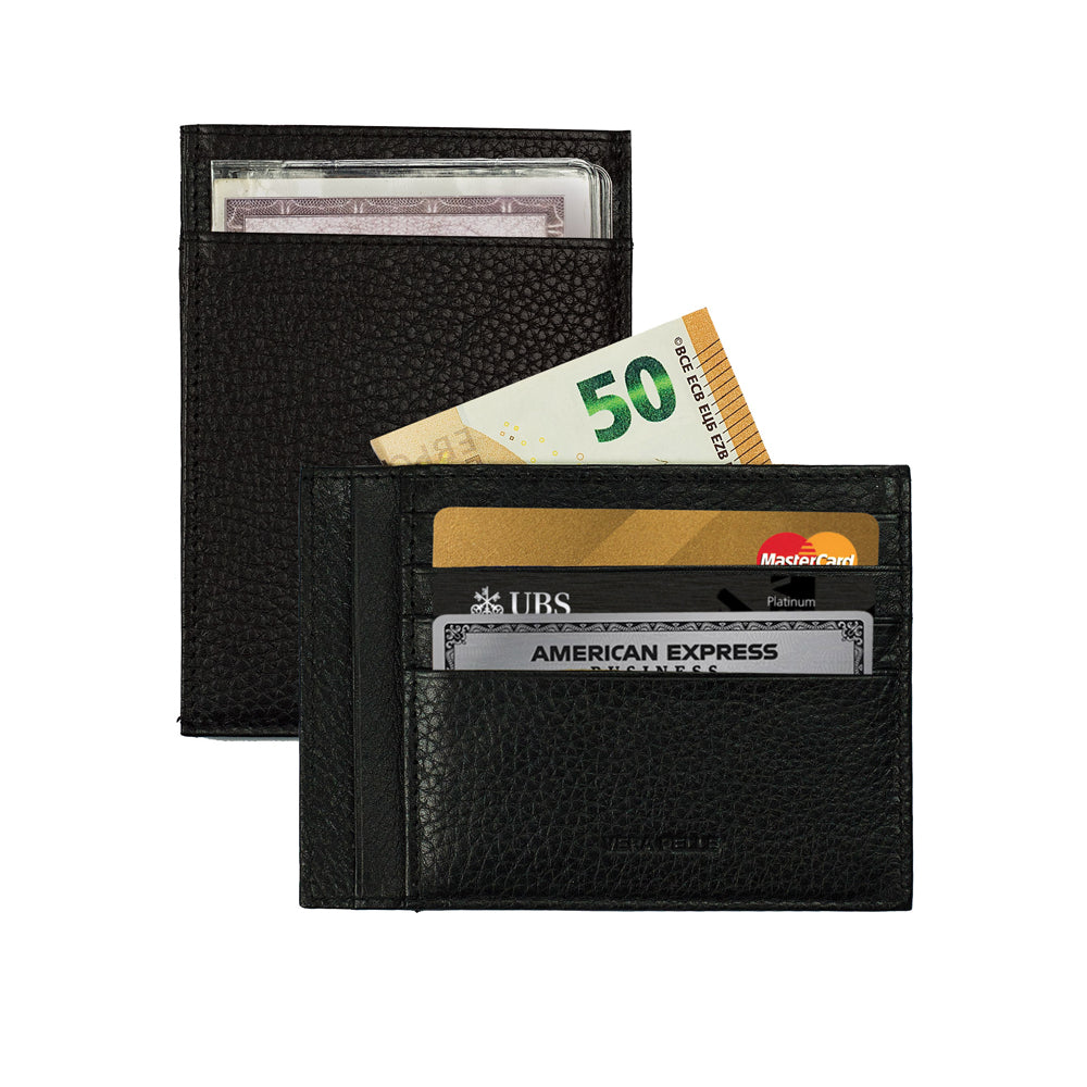 K10307AB | Document/Card Holder RFID Protection in Genuine Full Grain Leather, dollar grain. Black colour. Dimensions: 12 x 9 x 0.5 cm. Packaging: Rigid bottom/lid gift box