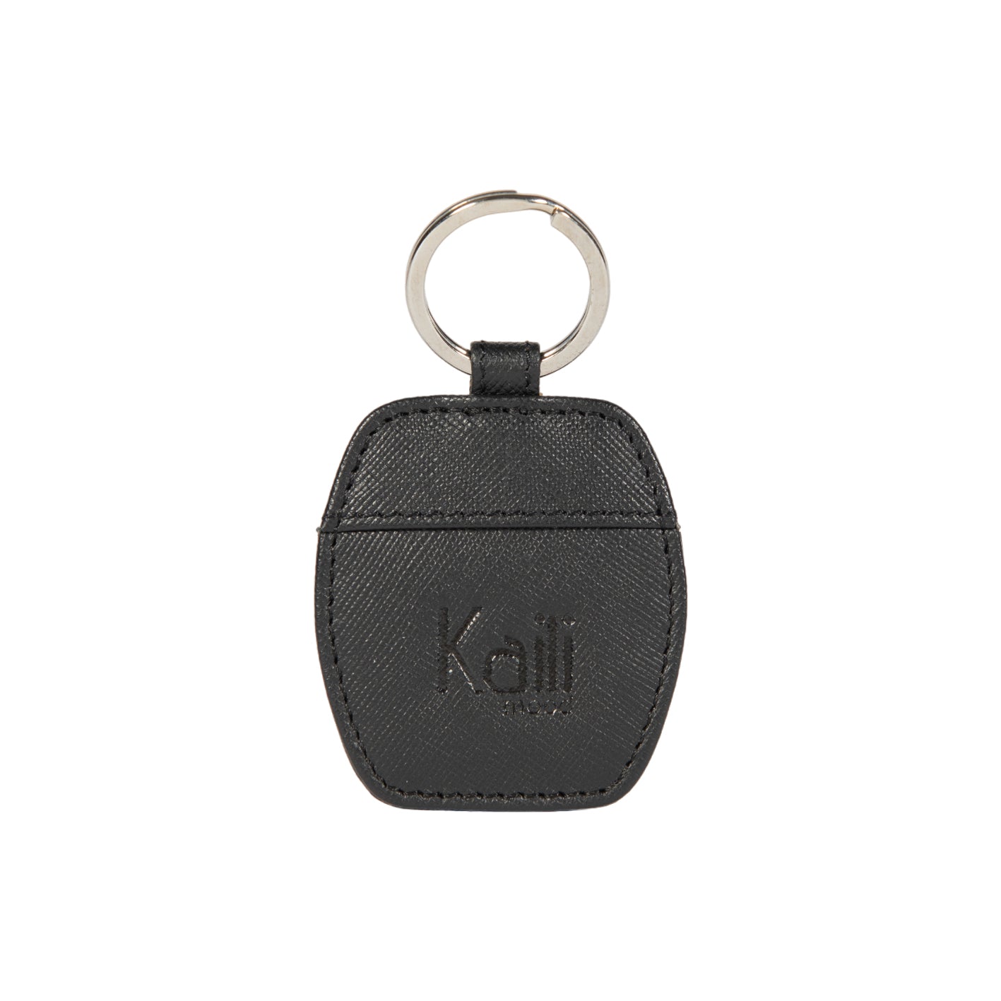 K10854AB | Genuine Saffiano Leather Keyring. Black colour. Polished Nickel key ring. Total dimensions: 5.5 x 9.5 x 0.5 cm. Packaging: Rigid bottom/lid gift box