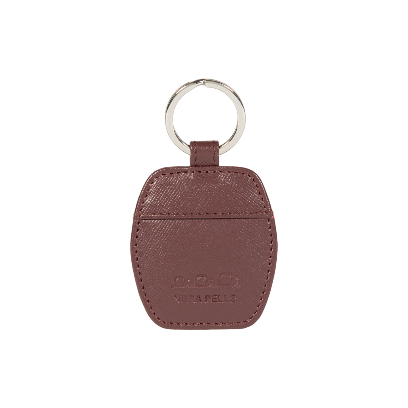 K10854XB | Genuine Saffiano Leather Keyring. Bordeaux color. Polished Nickel key ring. Total dimensions: 5.5 x 9.5 x 0.5 cm. Packaging: Rigid bottom/lid gift box