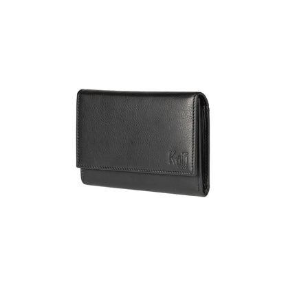 K11433AB | Women's wallet in genuine full-grain leather, with light grain. Black colour. Dimensions when closed: 14 x 10.5 x 2.5 cm. Packaging: Rigid bottom/lid gift box