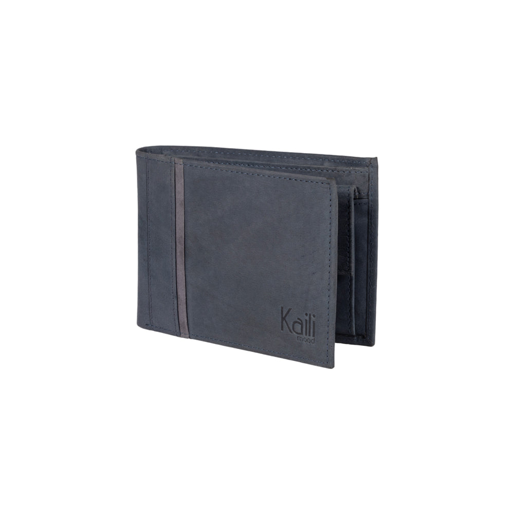 K10203DB | Men's wallet in genuine full grain leather, with light grain. Blue colour. Coin pocket. Dimensions when closed: 12.5 x 9.3 x 1 cm. Packaging: Rigid bottom/lid gift box