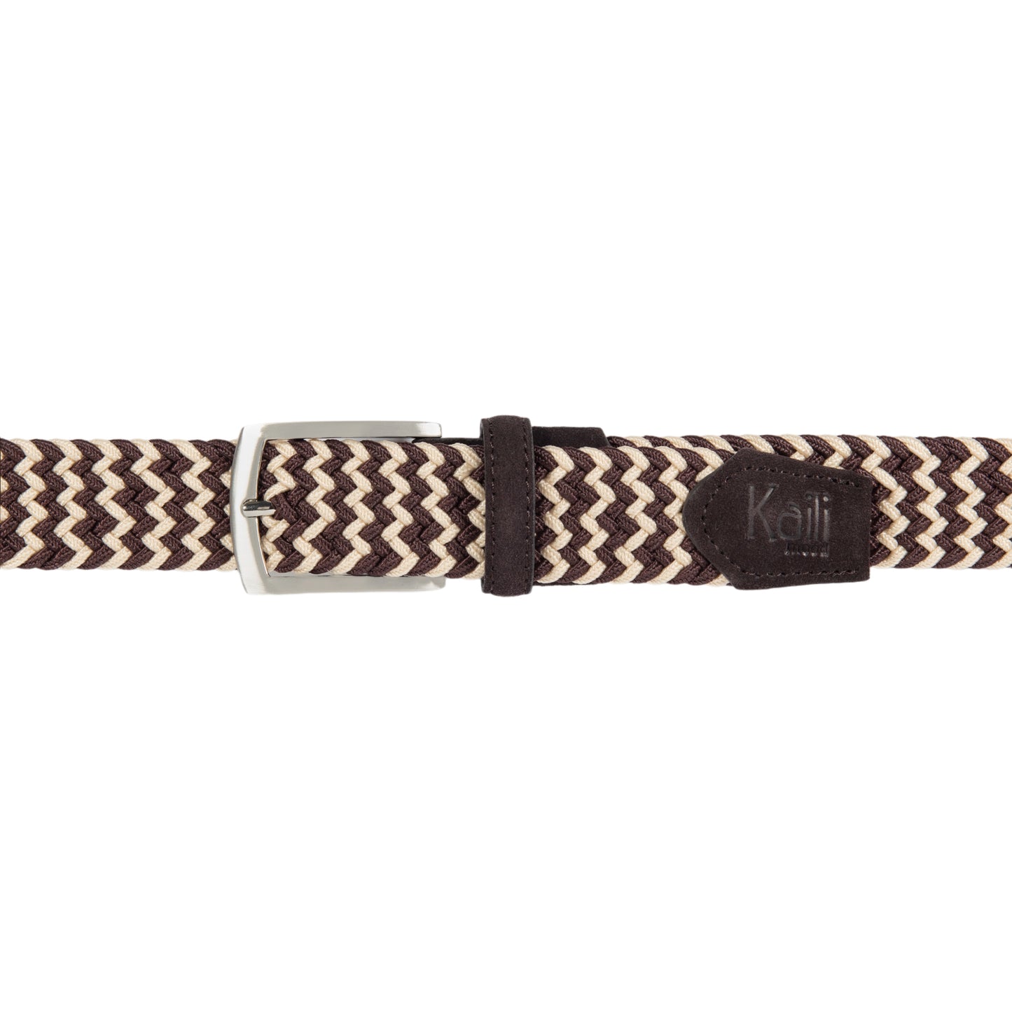 K4004HB | Woven Elastic/Leather Belt. Color Dark Brown/Corda. Satin Nickel Buckle. Dimensions: 120x3.5x0.5 cm (waistline 105 cm). Packaging: Rigid bottom/lid gift box