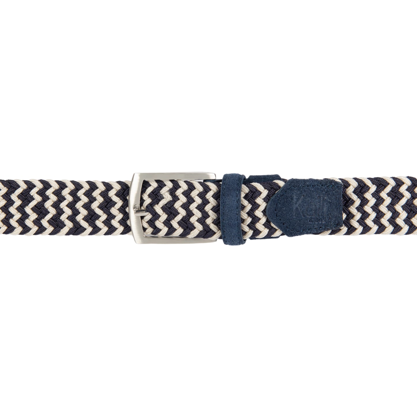 K4004JB | Woven Elastic/Leather Belt. Blue/Ecru colour. Satin Nickel Buckle. Dimensions: 120x3.5x0.5 cm (waistline 105 cm). Packaging: Rigid bottom/lid gift box