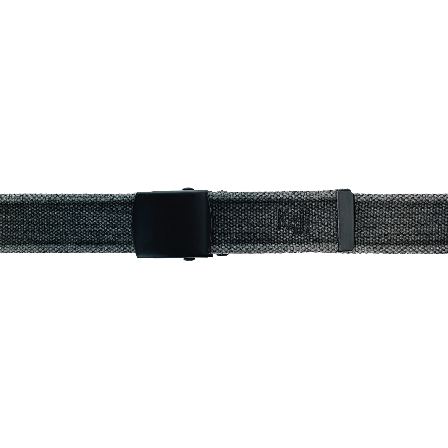 K4010KB | Stone Washed Canvas Ribbon Belt Col. Anthracite with Matt Black Buckle. Dimensions: 125 x 4 x 0.5 cm One size - Can be shortened. Packaging: Rigid bottom/lid gift box