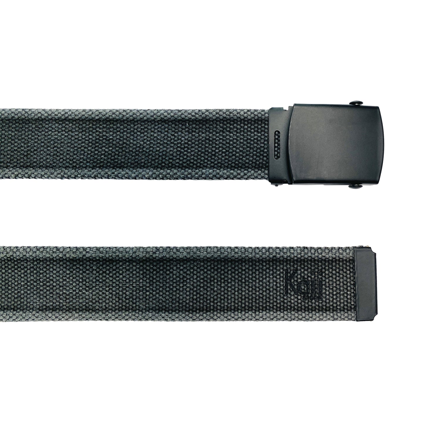 K4010KB | Stone Washed Canvas Ribbon Belt Col. Anthracite with Matt Black Buckle. Dimensions: 125 x 4 x 0.5 cm One size - Can be shortened. Packaging: Rigid bottom/lid gift box