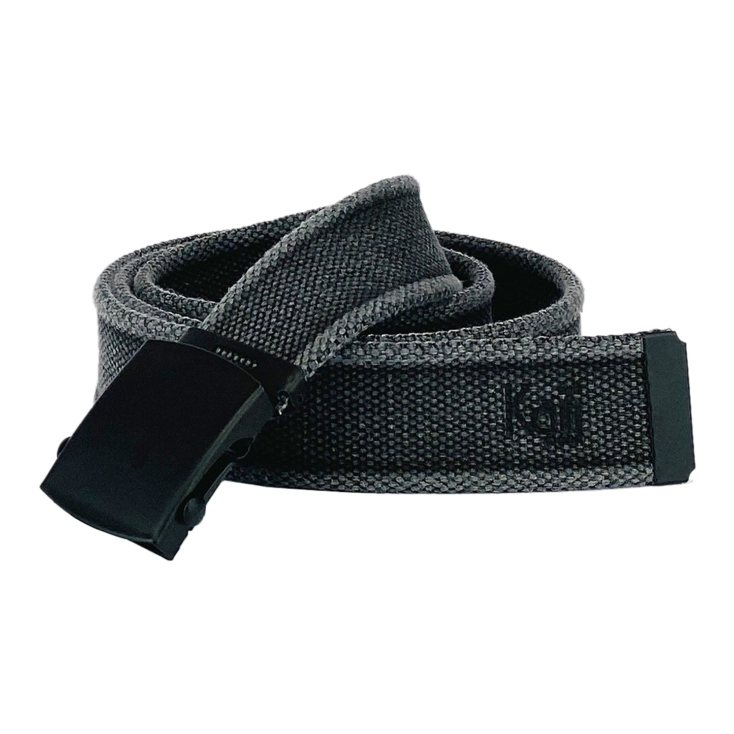 K4010KB | Stone Washed Canvas Ribbon Belt Col. Anthracite with Matt Black Buckle. Dimensions: 125 x 4 x 0.5 cm One size - Can be shortened. Packaging: Rigid bottom/lid gift box