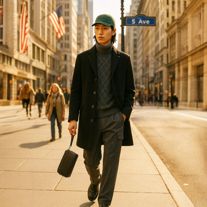 RB0046A | Pochette Uomo KEVIN con laccio da polso in Vera Pelle pieno fiore con leggera grana. Maniglia removibile. Colore Nero. Dimensioni: cm 22 x 13 x 5