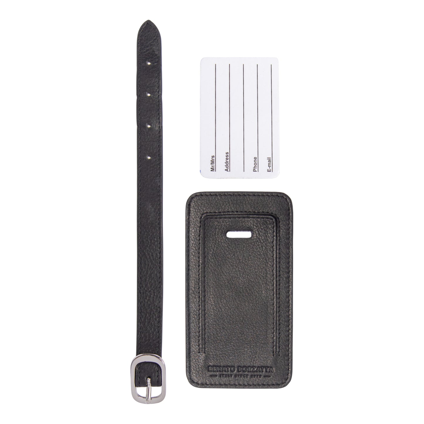 RB0054A | Targhetta per bagaglio in Vera Pelle pieno fiore con leggera grana. Colore Nero. Cinturino regolabile. Dimensioni: cm 6,5 x 12 x 0,5