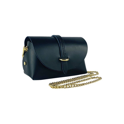 RB1001A | Small bag in genuine leather Made in Italy with removable shoulder strap and shiny gold metal closure loop - Black color - Dimensions: 16.5 x 11 x 8 cm