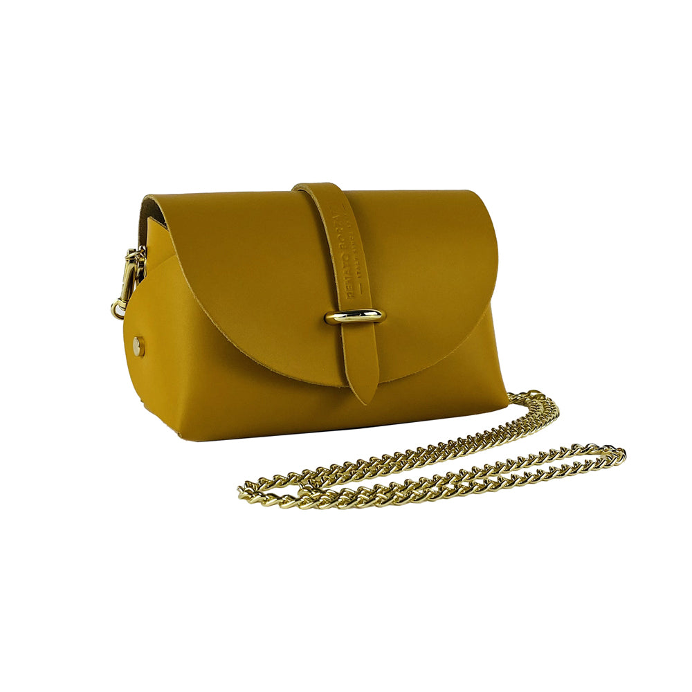 RB1001AR | Small bag in genuine leather Made in Italy with removable shoulder strap and shiny gold metal closure loop - Mustard color - Dimensions: 16.5 x 11 x 8 cm