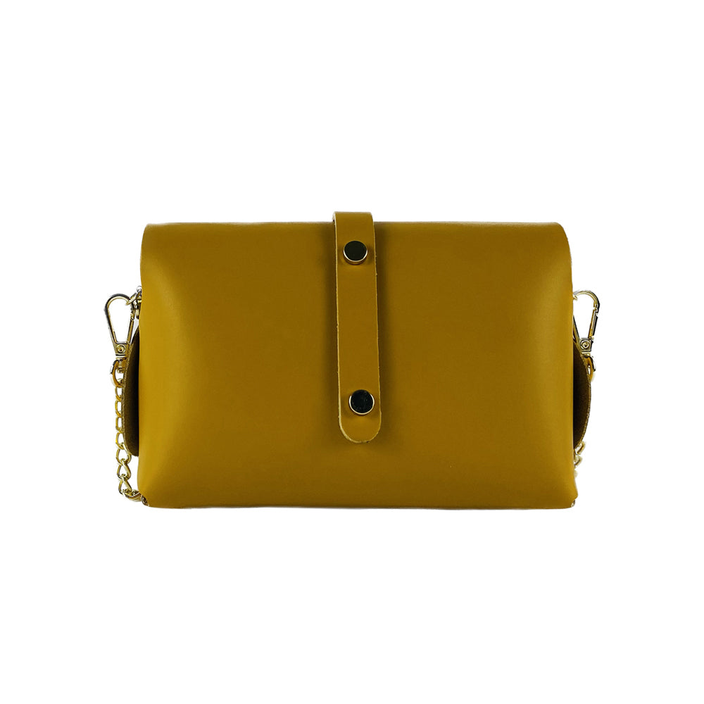 RB1001AR | Small bag in genuine leather Made in Italy with removable shoulder strap and shiny gold metal closure loop - Mustard color - Dimensions: 16.5 x 11 x 8 cm