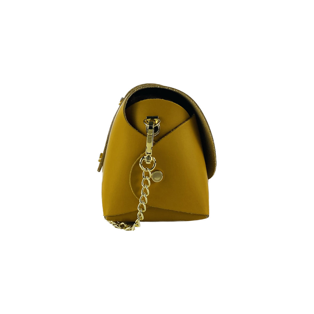 RB1001AR | Small bag in genuine leather Made in Italy with removable shoulder strap and shiny gold metal closure loop - Mustard color - Dimensions: 16.5 x 11 x 8 cm