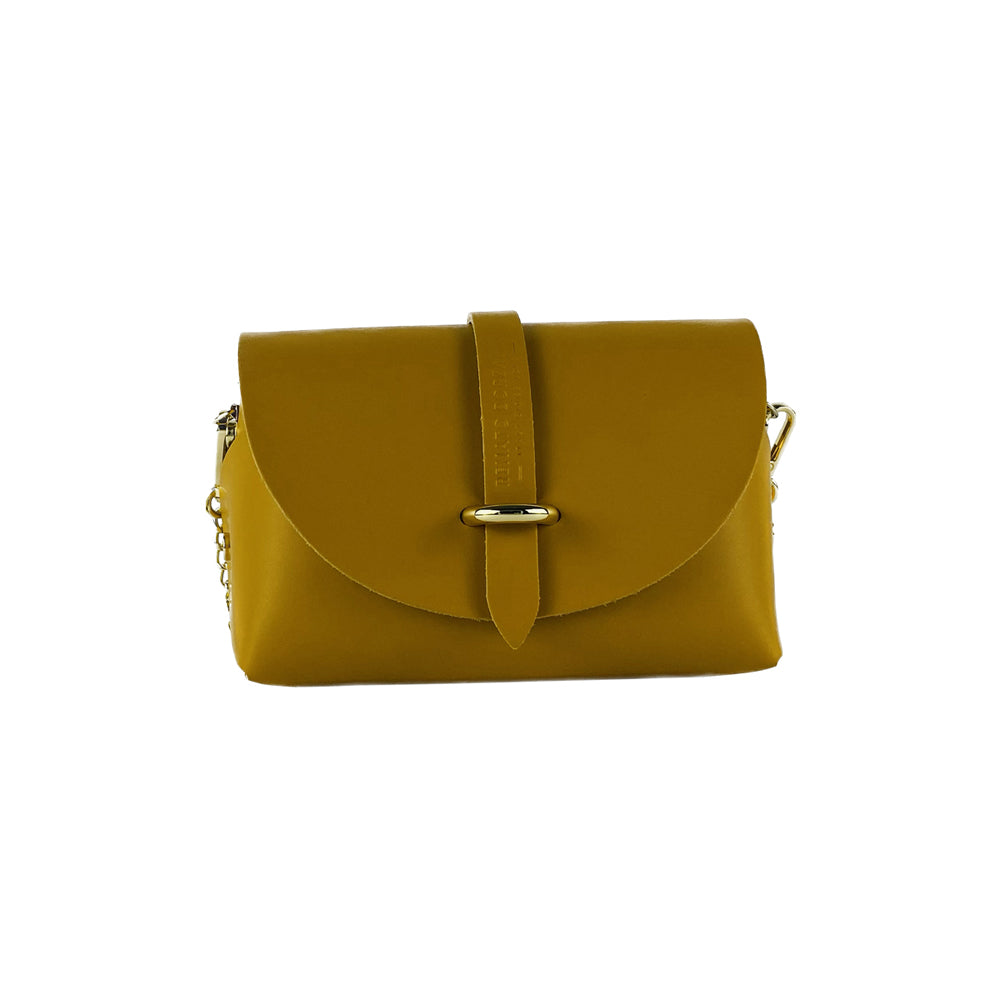 RB1001AR | Small bag in genuine leather Made in Italy with removable shoulder strap and shiny gold metal closure loop - Mustard color - Dimensions: 16.5 x 11 x 8 cm