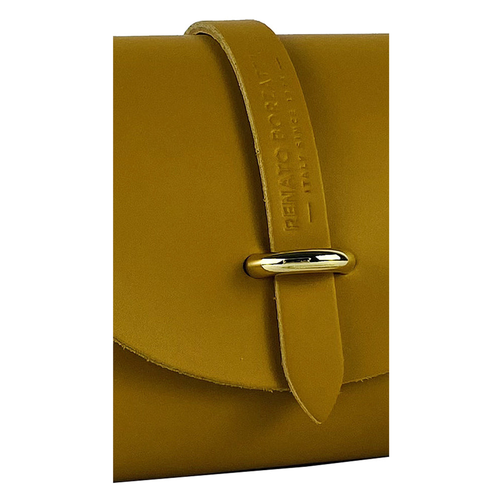 RB1001AR | Small bag in genuine leather Made in Italy with removable shoulder strap and shiny gold metal closure loop - Mustard color - Dimensions: 16.5 x 11 x 8 cm