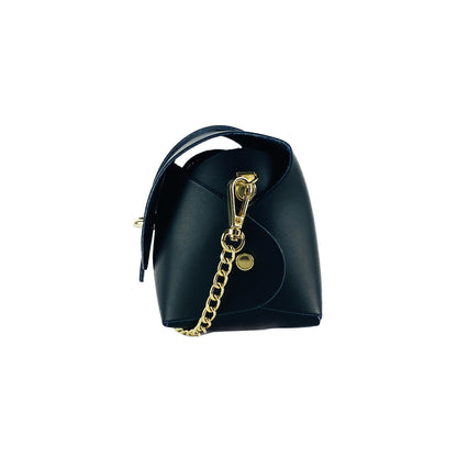 RB1001A | Small bag in genuine leather Made in Italy with removable shoulder strap and shiny gold metal closure loop - Black color - Dimensions: 16.5 x 11 x 8 cm