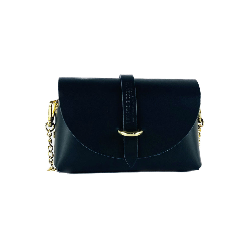 RB1001A | Small bag in genuine leather Made in Italy with removable shoulder strap and shiny gold metal closure loop - Black color - Dimensions: 16.5 x 11 x 8 cm