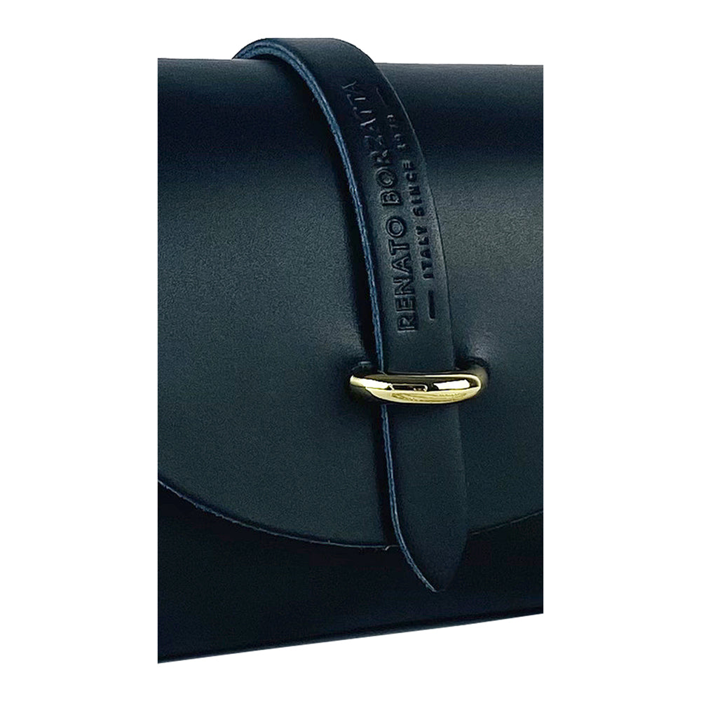 RB1001A | Small bag in genuine leather Made in Italy with removable shoulder strap and shiny gold metal closure loop - Black color - Dimensions: 16.5 x 11 x 8 cm