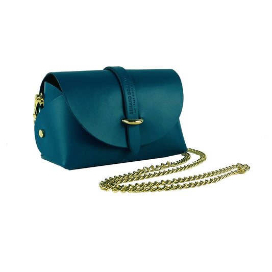 RB1001BZ | Small bag in genuine leather Made in Italy with removable shoulder strap and shiny gold metal closure loop - Teal color - Dimensions: 16.5 x 11 x 8 cm