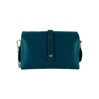 RB1001BZ | Small bag in genuine leather Made in Italy with removable shoulder strap and shiny gold metal closure loop - Teal color - Dimensions: 16.5 x 11 x 8 cm