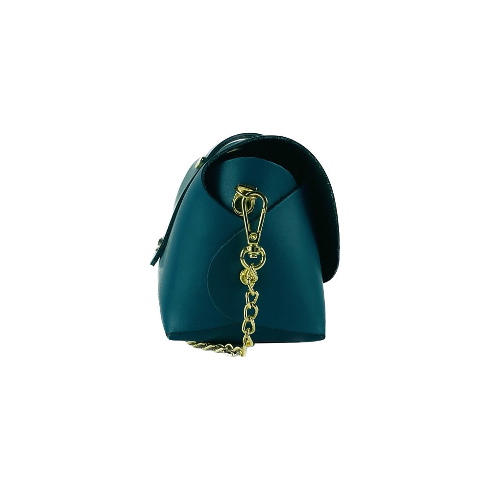 RB1001BZ | Small bag in genuine leather Made in Italy with removable shoulder strap and shiny gold metal closure loop - Teal color - Dimensions: 16.5 x 11 x 8 cm