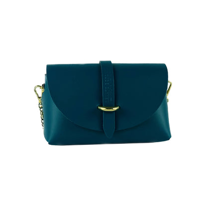 RB1001BZ | Small bag in genuine leather Made in Italy with removable shoulder strap and shiny gold metal closure loop - Teal color - Dimensions: 16.5 x 11 x 8 cm