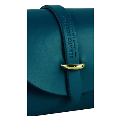 RB1001BZ | Small bag in genuine leather Made in Italy with removable shoulder strap and shiny gold metal closure loop - Teal color - Dimensions: 16.5 x 11 x 8 cm