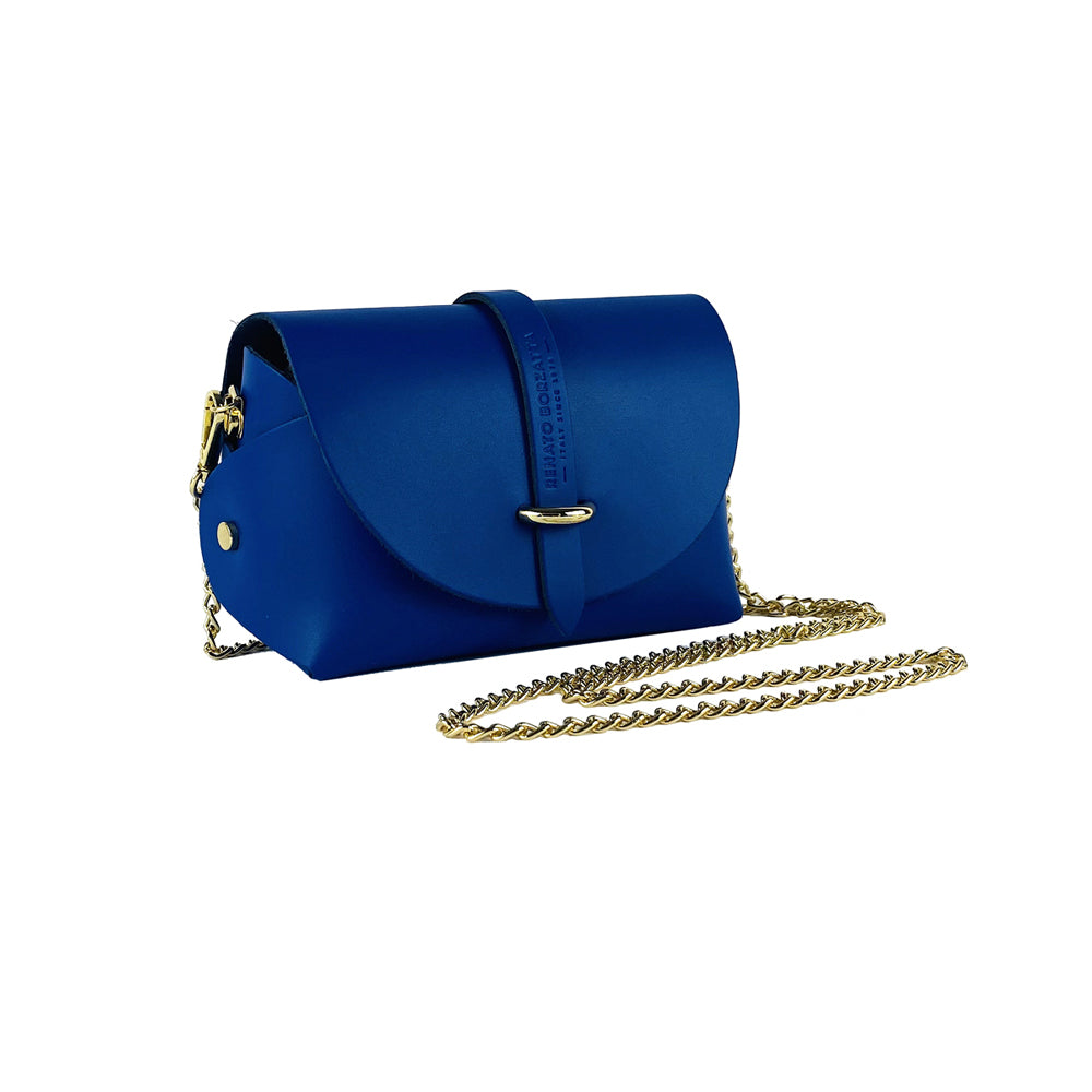 RB1001CH | Small bag in genuine leather Made in Italy with removable shoulder strap and shiny gold metal closure loop - Royal blue color - Dimensions: 16.5 x 11 x 8 cm