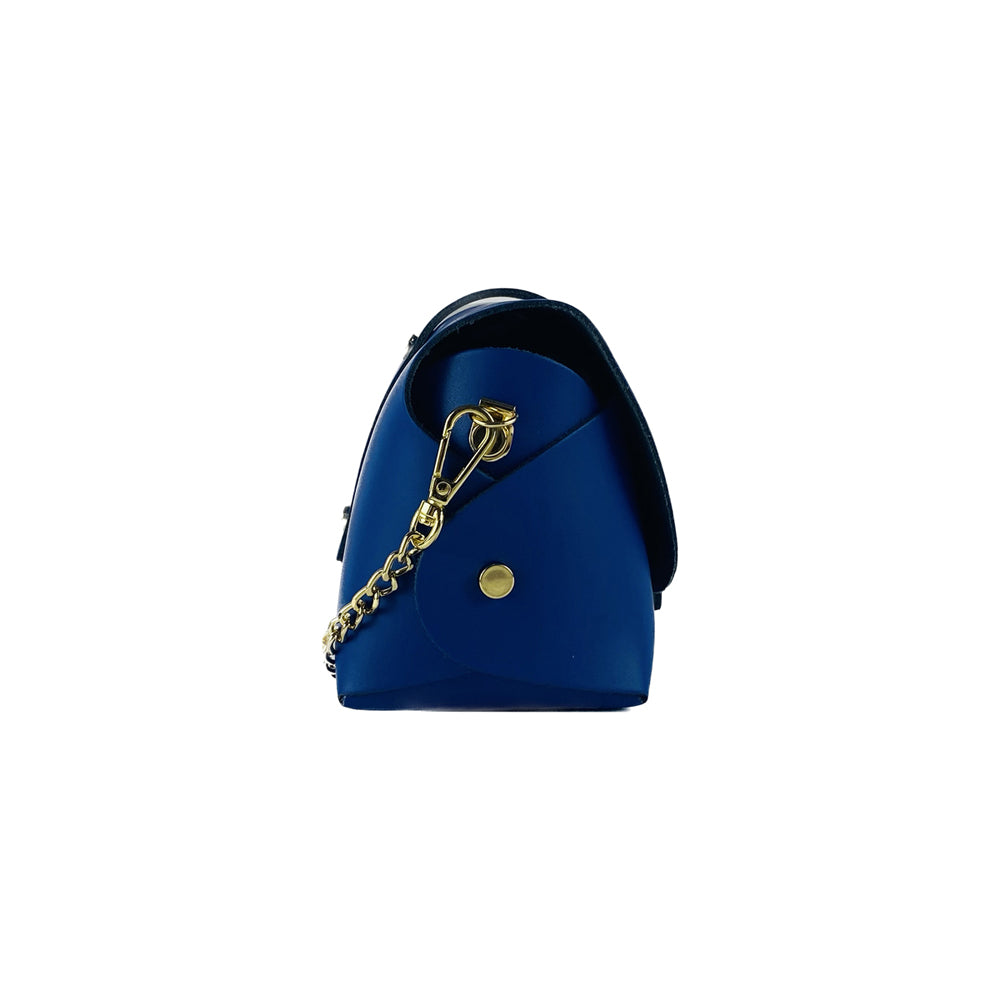 RB1001CH | Small bag in genuine leather Made in Italy with removable shoulder strap and shiny gold metal closure loop - Royal blue color - Dimensions: 16.5 x 11 x 8 cm