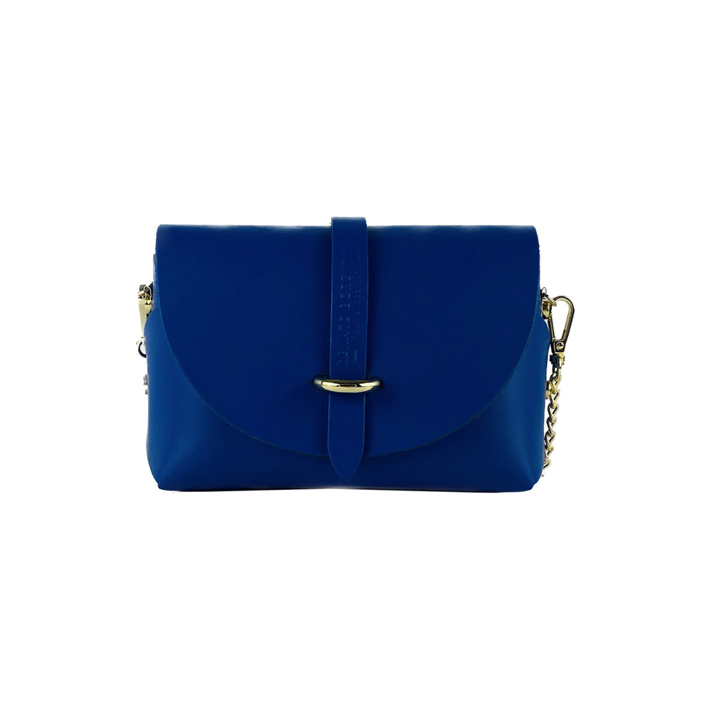 RB1001CH | Small bag in genuine leather Made in Italy with removable shoulder strap and shiny gold metal closure loop - Royal blue color - Dimensions: 16.5 x 11 x 8 cm