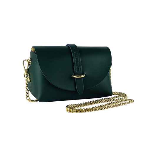 RB1001E | Small bag in genuine leather Made in Italy with removable shoulder strap and shiny gold metal closure loop - Green color - Dimensions: 16.5 x 11 x 8 cm