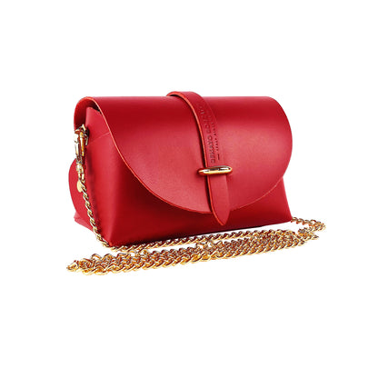 RB1001V | Small bag in genuine leather Made in Italy with removable shoulder strap and shiny gold metal closure loop - Red color - Dimensions: 16.5 x 11 x 8 cm