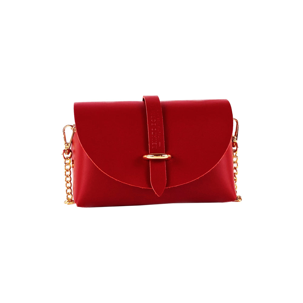 RB1001V | Small bag in genuine leather Made in Italy with removable shoulder strap and shiny gold metal closure loop - Red color - Dimensions: 16.5 x 11 x 8 cm