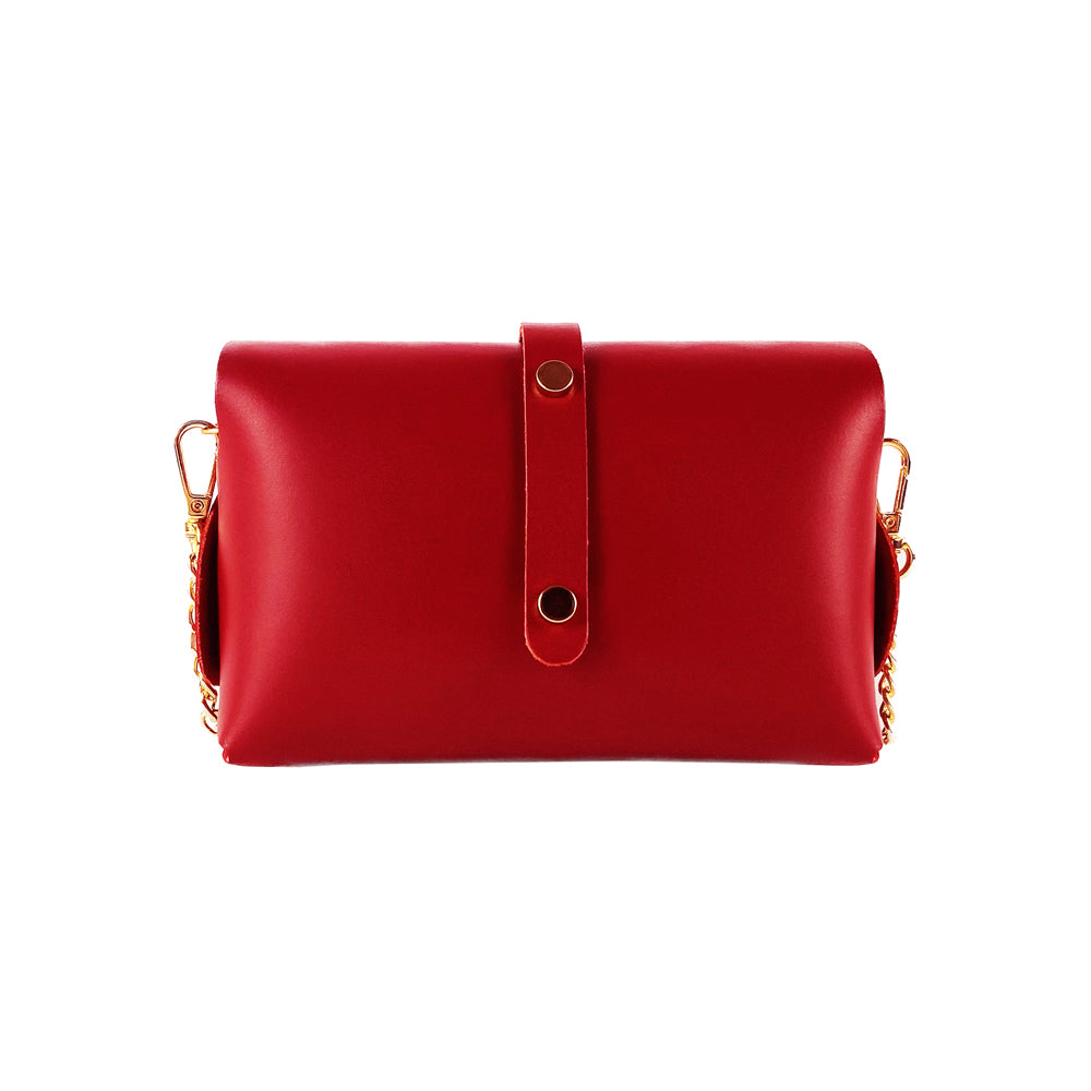 RB1001V | Small bag in genuine leather Made in Italy with removable shoulder strap and shiny gold metal closure loop - Red color - Dimensions: 16.5 x 11 x 8 cm