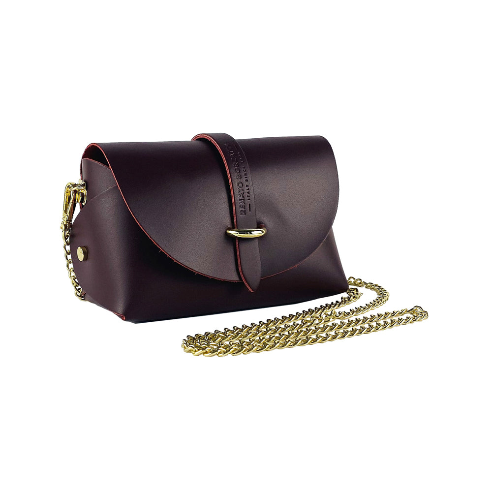 RB1001X | Small bag in genuine leather Made in Italy with removable shoulder strap and shiny gold metal closure loop - Bordeaux color - Dimensions: 16.5 x 11 x 8 cm