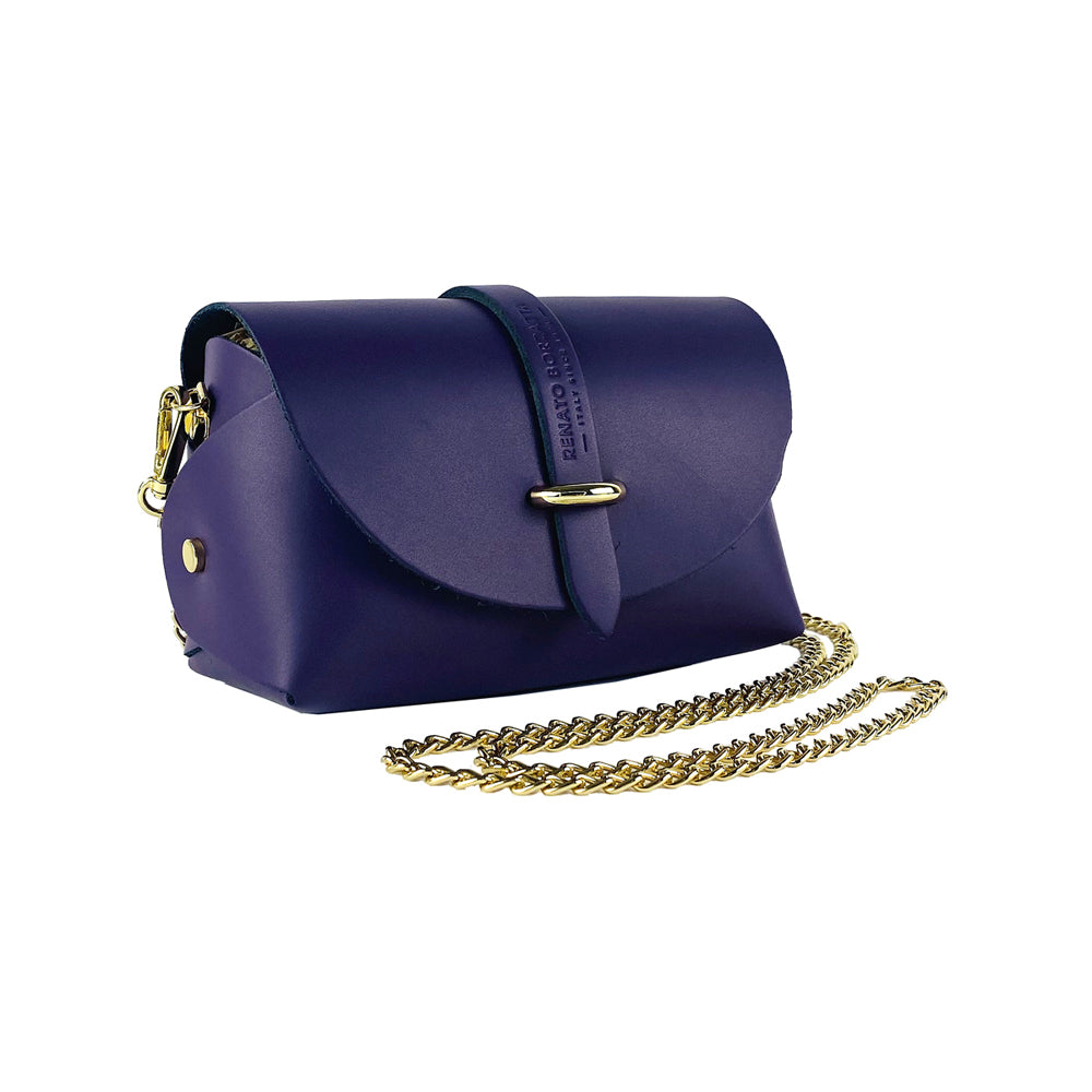 RB1001Y | Small bag in genuine leather Made in Italy with removable shoulder strap and shiny gold metal closure loop - Purple color - Dimensions: 16.5 x 11 x 8 cm