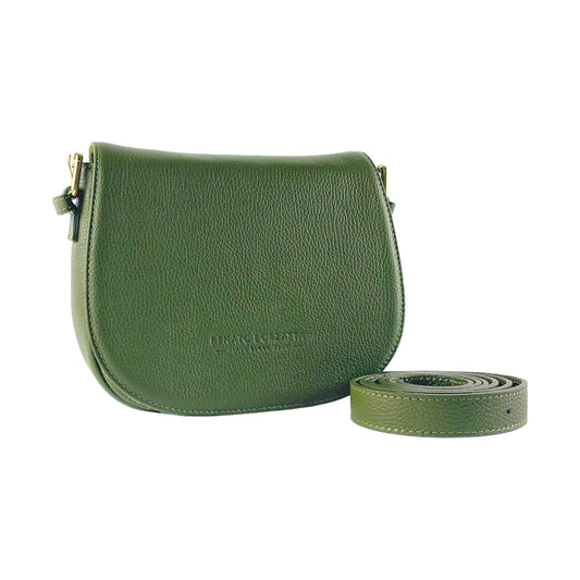 RB1002E | Genuine Leather Shoulder Bag Made in Italy with removable leather shoulder strap and attachments with shiny gold metal buckles - Green color - Dimensions: 26 x 20 x 10 cm