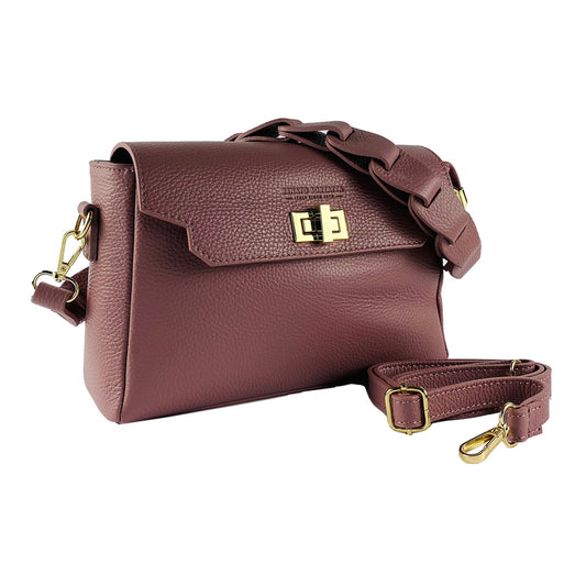 RB1003AZ | Genuine Leather Shoulder Bag Made in Italy with removable braided shoulder strap and attachments with shiny gold metal snap hooks - Antique Pink color - Dimensions: 28 x 19 x 9 cm