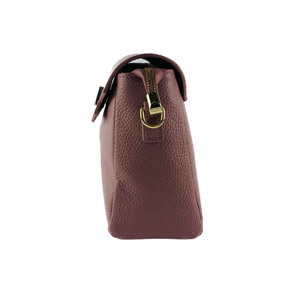 RB1003AZ | Genuine Leather Shoulder Bag Made in Italy with removable braided shoulder strap and attachments with shiny gold metal snap hooks - Antique Pink color - Dimensions: 28 x 19 x 9 cm