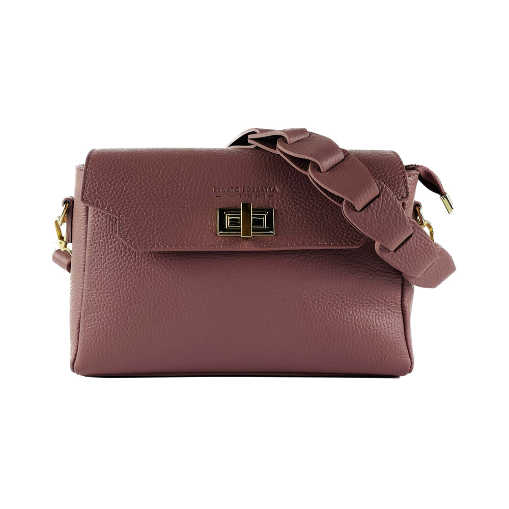 RB1003AZ | Genuine Leather Shoulder Bag Made in Italy with removable braided shoulder strap and attachments with shiny gold metal snap hooks - Antique Pink color - Dimensions: 28 x 19 x 9 cm