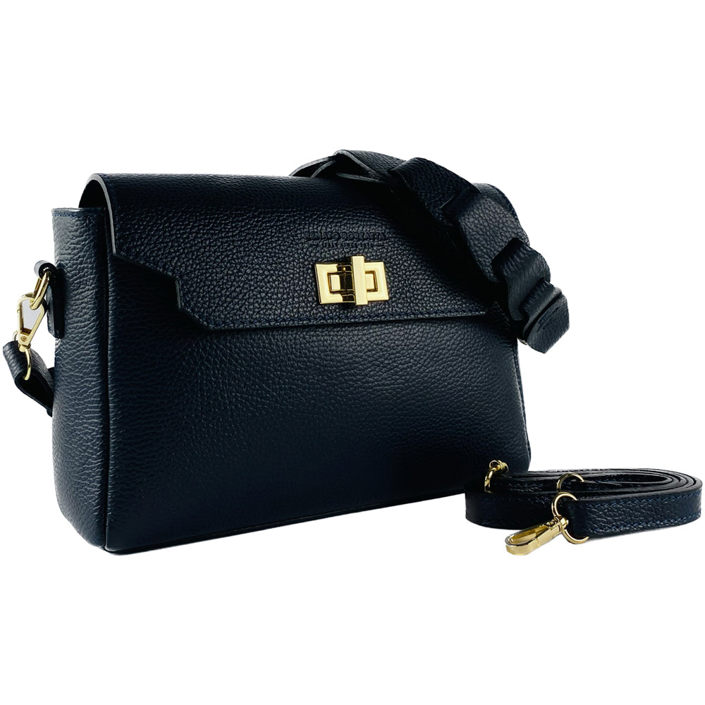 RB1003D | Genuine Leather Shoulder Bag Made in Italy with removable braided shoulder strap and attachments with shiny gold metal snap hooks - Blue color - Dimensions: 28 x 19 x 9 cm