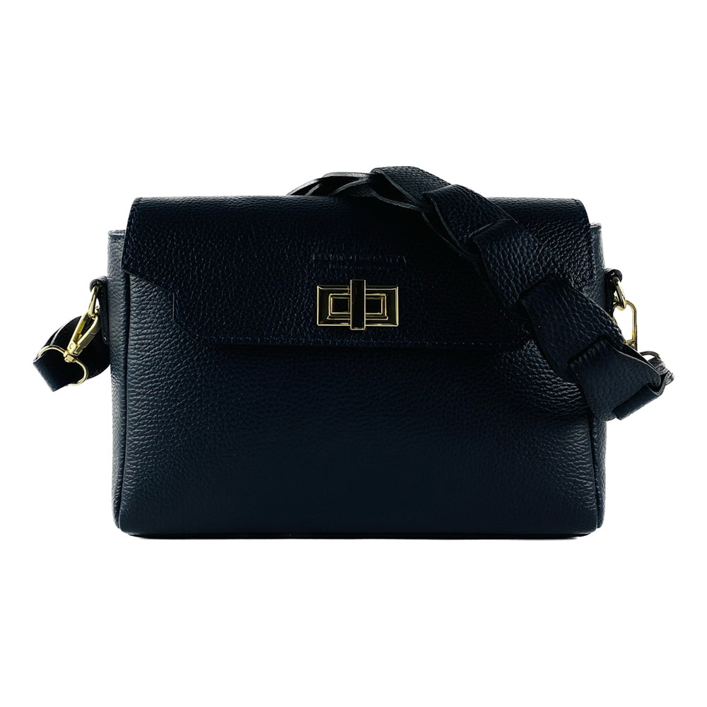 RB1003D | Genuine Leather Shoulder Bag Made in Italy with removable braided shoulder strap and attachments with shiny gold metal snap hooks - Blue color - Dimensions: 28 x 19 x 9 cm