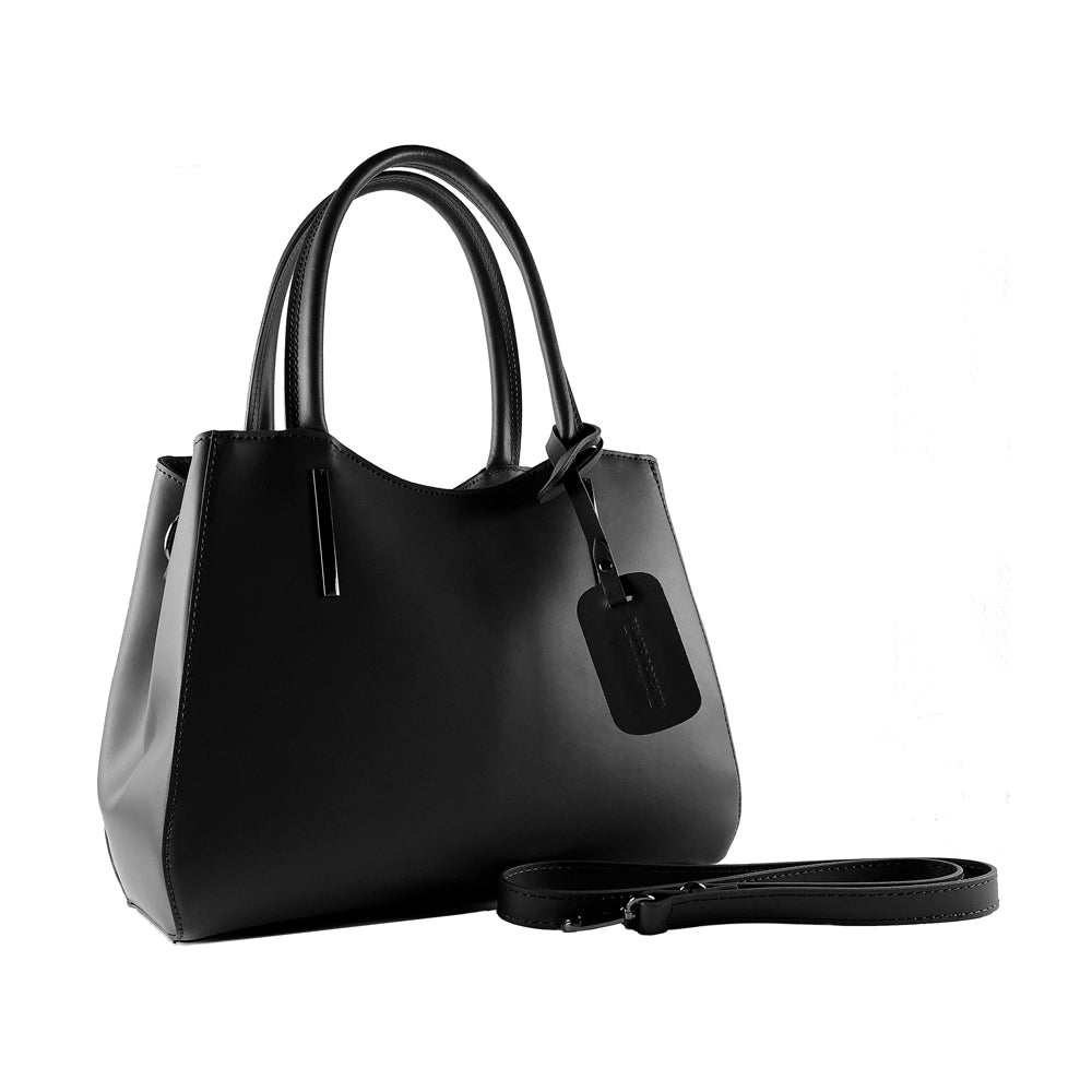 RB1004A | Handbag in Genuine Leather Made in Italy with removable shoulder strap and attachments with metal snap hooks in Gunmetal - Black color - Dimensions: 33 x 25 x 15 cm + Handles 13 cm