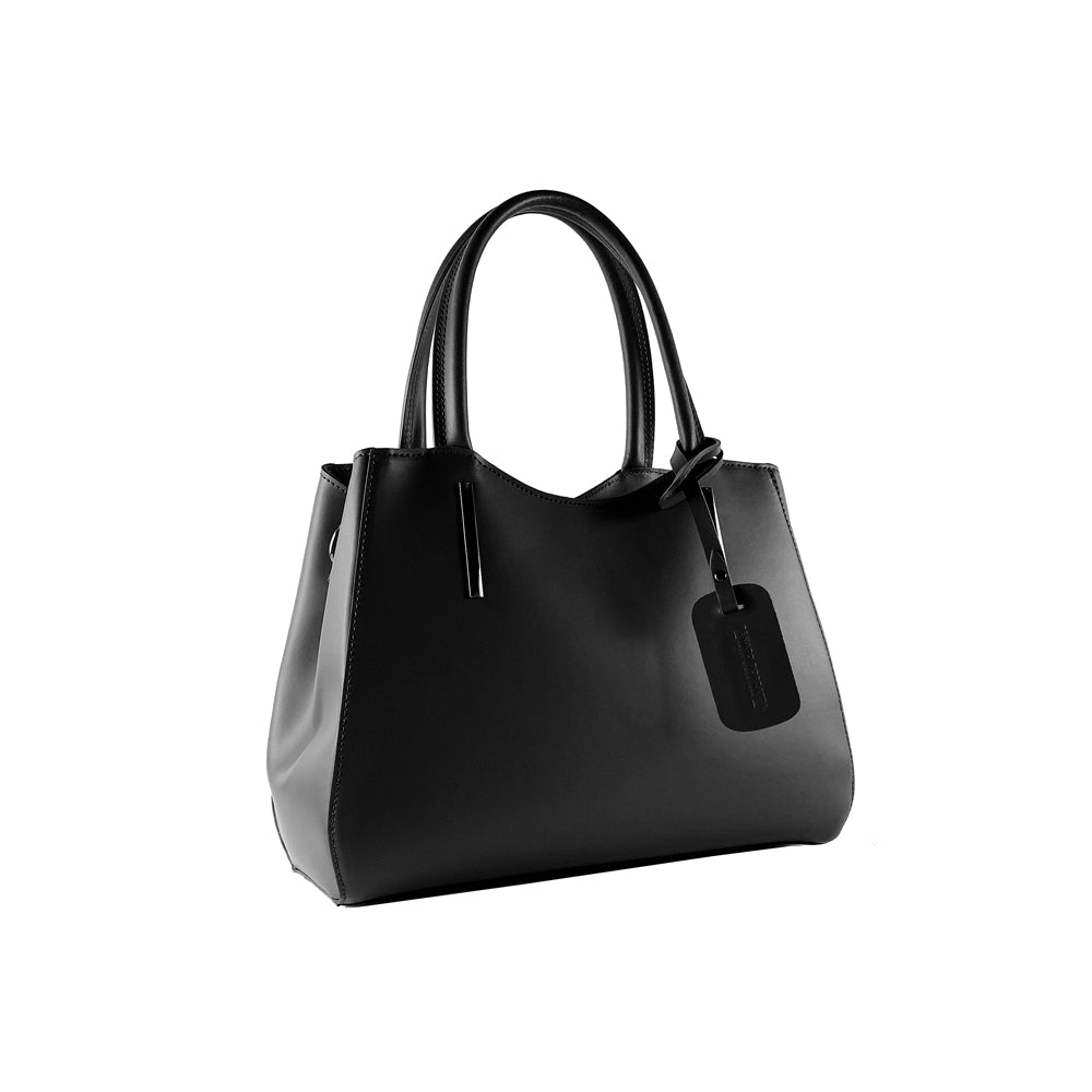 RB1004A | Handbag in Genuine Leather Made in Italy with removable shoulder strap and attachments with metal snap hooks in Gunmetal - Black color - Dimensions: 33 x 25 x 15 cm + Handles 13 cm