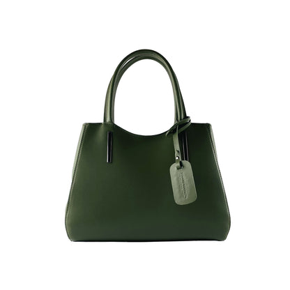 RB1004E | Borsa a Mano in Vera Pelle Made in Italy con Tracollina removibile e attacchi con moschettoni in metallo Canna di Fucile - Colore Verde - Dimensioni: cm 33 x 25 x 15 + Manici 13 cm