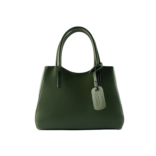 RB1004E | Handbag in Genuine Leather Made in Italy with removable shoulder strap and attachments with metal snap-hooks in Gunmetal - Green color - Dimensions: 33 x 25 x 15 cm + Handles 13 cm