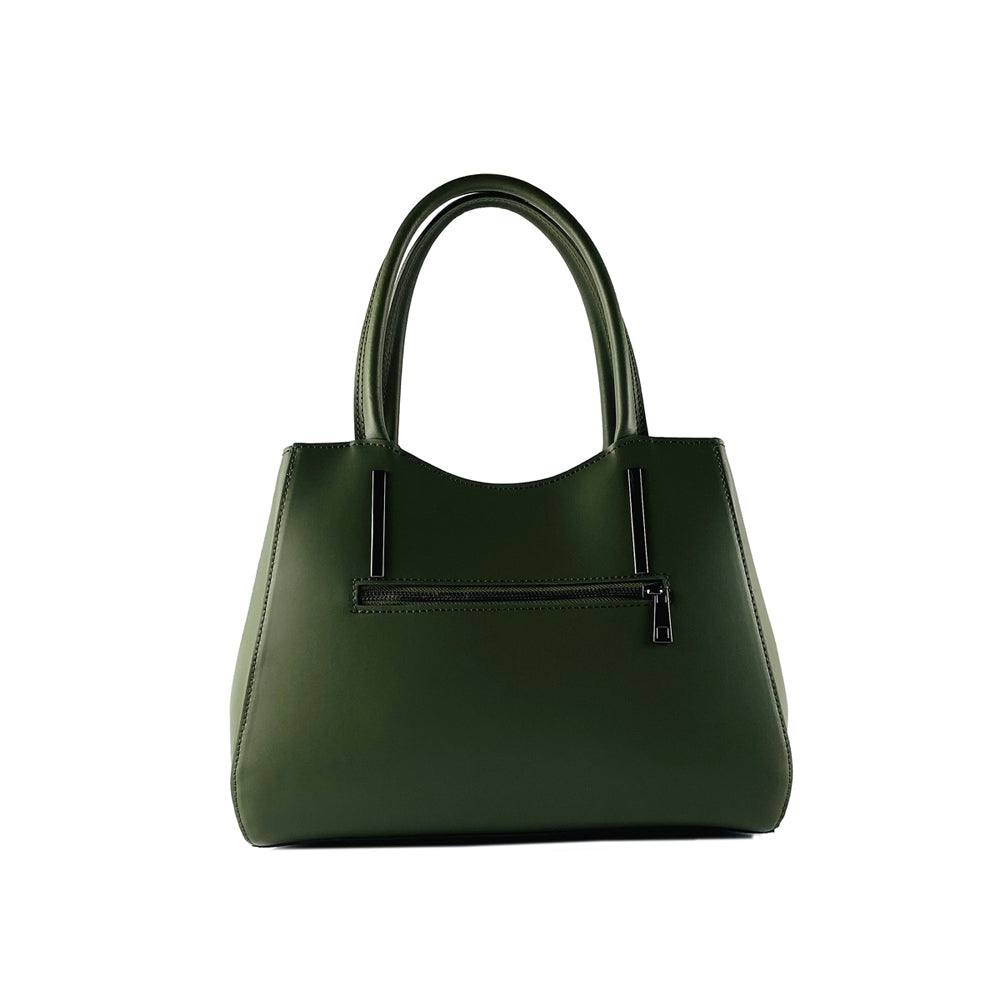 RB1004E | Borsa a Mano in Vera Pelle Made in Italy con Tracollina removibile e attacchi con moschettoni in metallo Canna di Fucile - Colore Verde - Dimensioni: cm 33 x 25 x 15 + Manici 13 cm